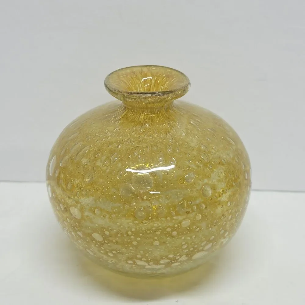 Vintage 70s MDINA Bubble Glass Globe Vase Yellow Ochre By Michael Harris Malta